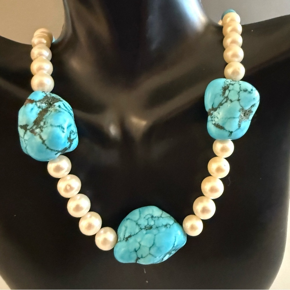 Turquoise Necklace W 7mm Cultutred Pearls Sterling Silver Clasp
